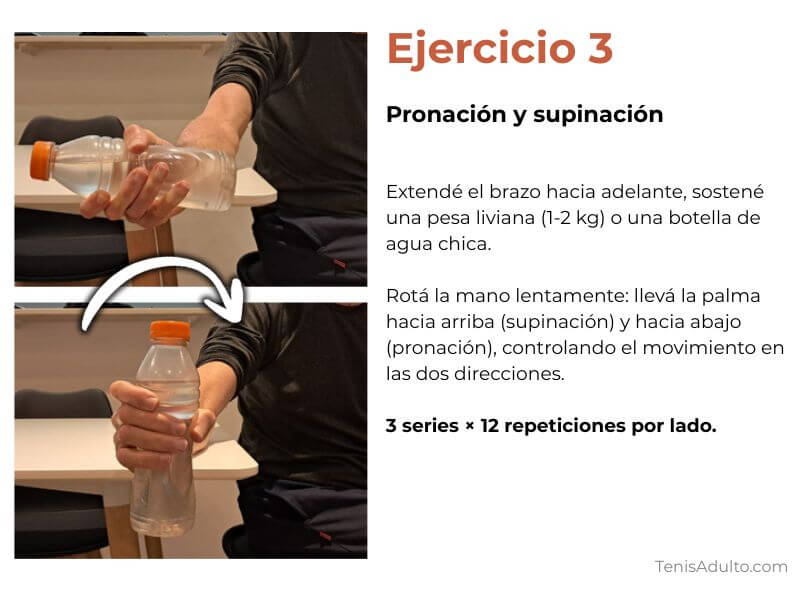 Ejercicio de pronación y supinación con peso para fortalecer el antebrazo del tenista
