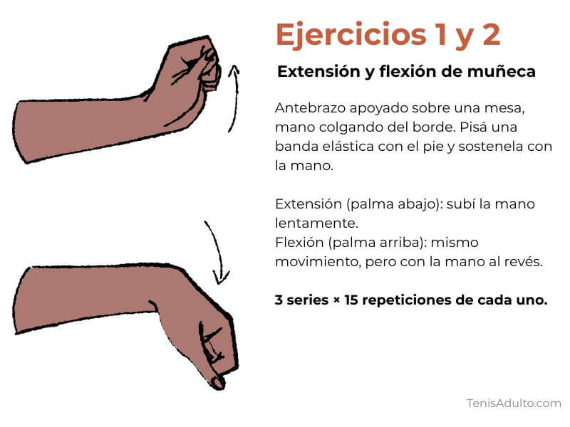 Ejercicios de extensión y flexión de muñeca con banda elástica para prevenir el codo de tenista